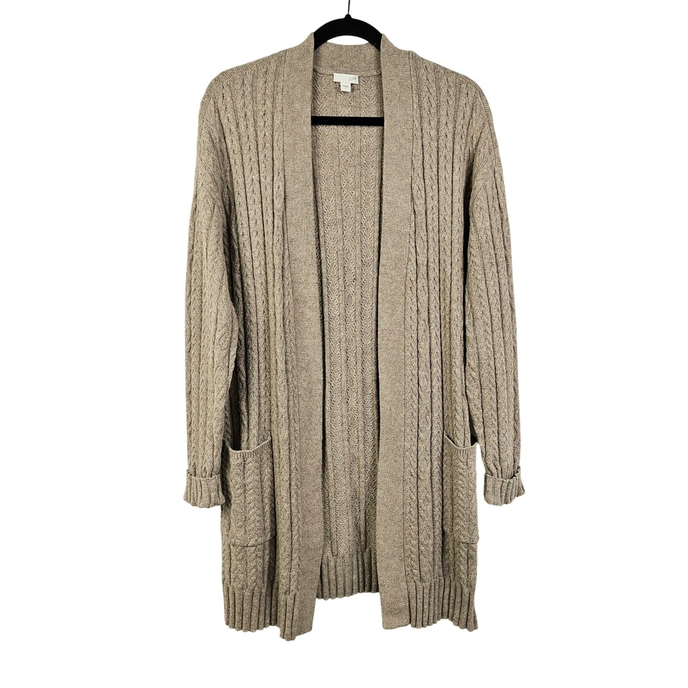 J Jill Tan Cable Knit Open Front Longline Cardigan L Coastal Preppy Quiet Luxury